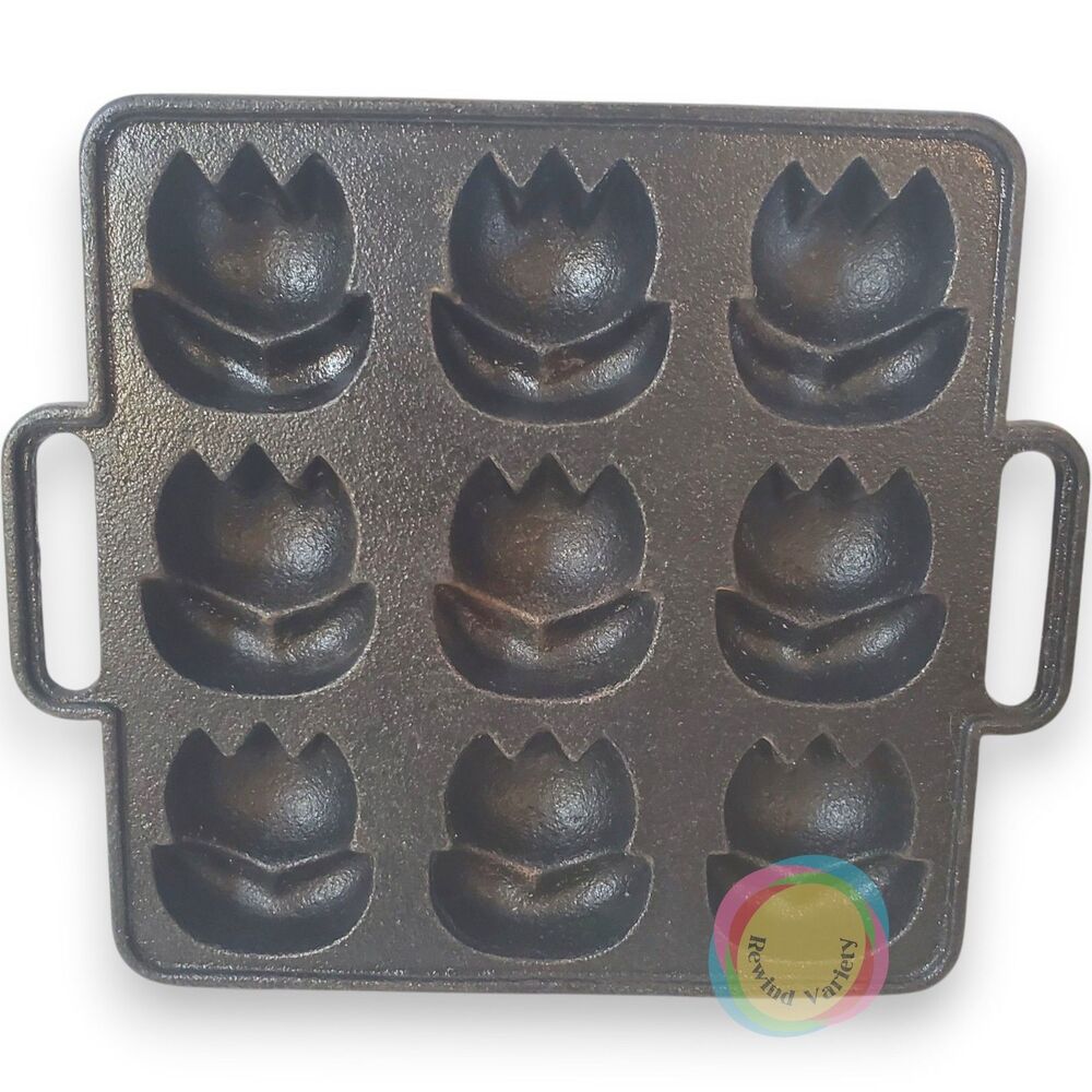 Vintage Cast Iron 9 Tulip Cavity Baking Mold Pan 6x6